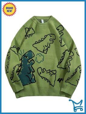 Dinosaur Graphic Knit Sweater Drop Shoulder Retro Pullover